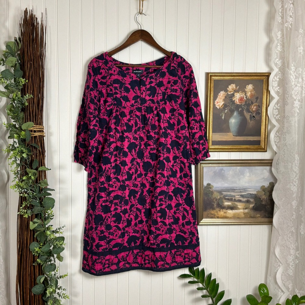 Studio Park Floral Shift Dress Womens MP Pink Excellent Pockets Cotton